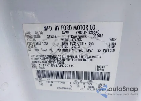 2010 Ford F-150 Fx4/Lariat/Xl/Xlt z USA, uszkodzony, nr VIN 1FTFX1EV3AFD20119